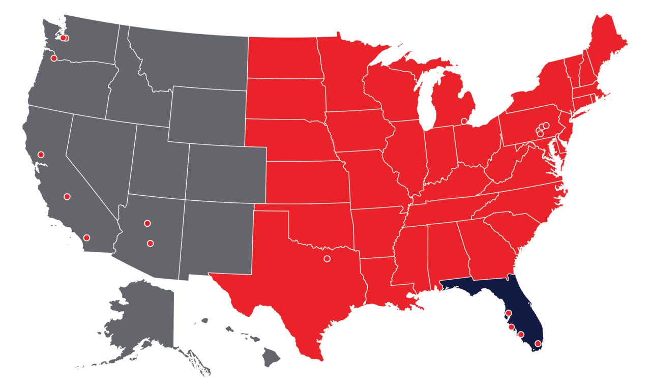 A map of the USA with red dots indicating locations of all of the MITER Brands sub-companies.