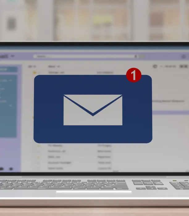 Email message inbox notification on laptop screen, business background. 3d illustration