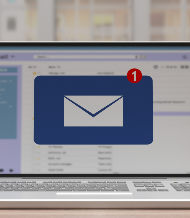 Email message inbox notification on laptop screen, business background. 3d illustration