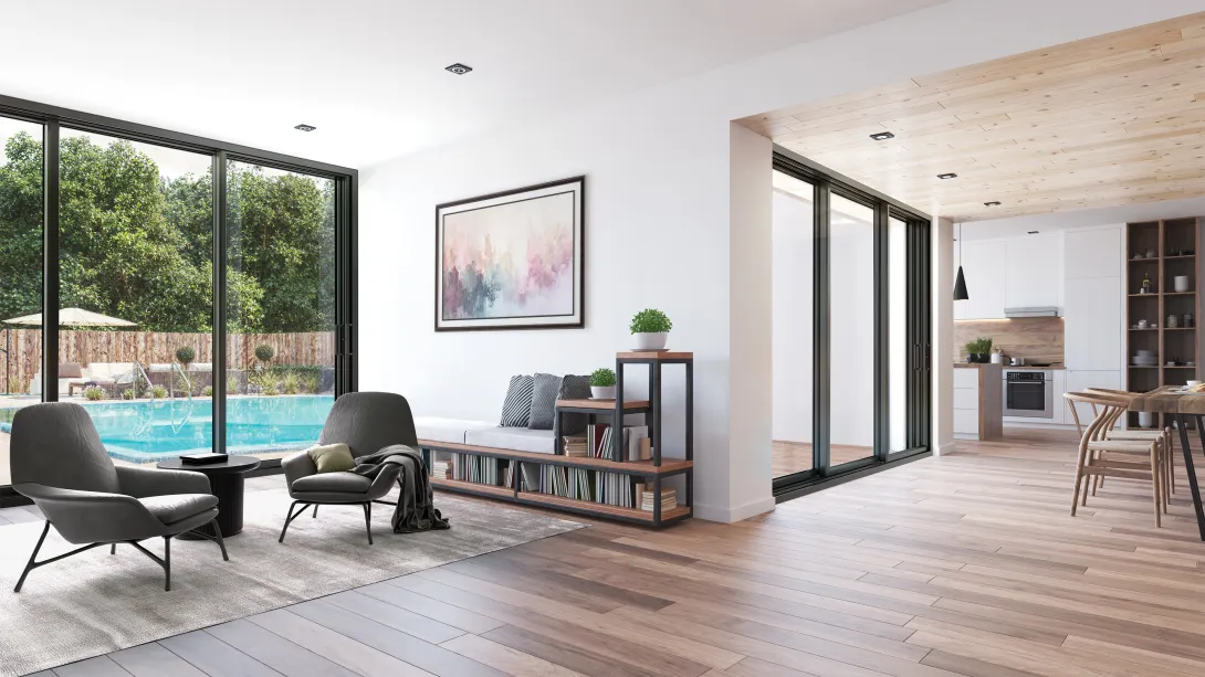 PGT’s WinGuard Vinyl Preferred View Sliding Glass Door features narrow panel profiles that enhance sightlines without compromising impact strength.