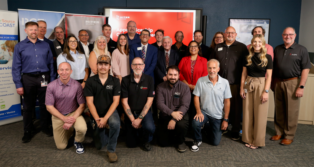 From left to right: Front row - Matt DeSoto, MITER Brands; Andrew Clark, MITER Brands; Curt Celentano, MITER Brands; William Merriman, MITER Brands; and Rod Hershberger, MITER Brands. Middle row - Chris Davis, MITER Brands; Mariely Velez, FloridaMakes; Julie Guinn, MITER Brands; Stephanie Cz, MITER Brands; Anthony Gagliano, CareerSource Suncoast; Stephen Seville, FL Department of Education; Veronica White, MITER Brands; James Disbro, CareerSource Suncoast; and Hailey Dacey, MITER Brands. Back row - Chris Ru