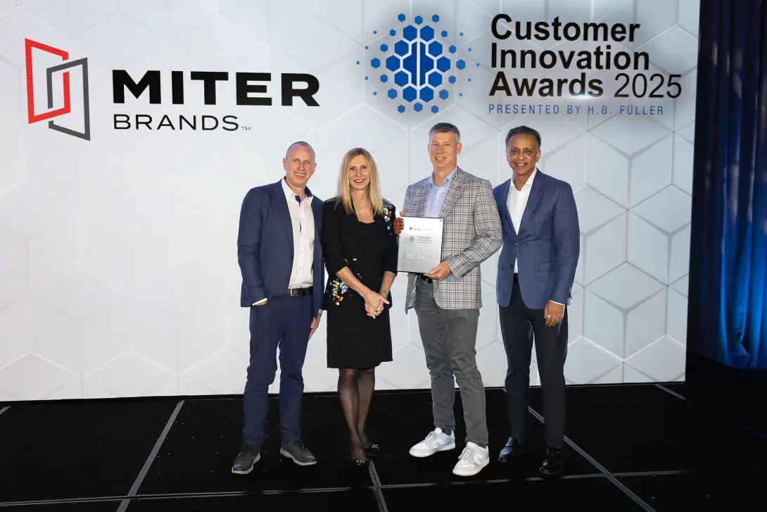 MITER Brands, a leading manufacturer of residential windows and patio doors, was named a winner in H.B. Fuller Company’s 2025 Customer Innovation Awards for its triple-insulating glass units. H.B. Fuller Co. is the largest pureplay adhesives company in the world. Shown left to right: Dean Ruark, VP of Engineering and Innovation, MITER Brands; Celeste Mastin, CEO, H.B. Fuller; Mike DeSoto, Chief Operating Officer, MITER Brands and Boz Malik, SVP of Building Adhesives Solutions, H.B. Fuller.
