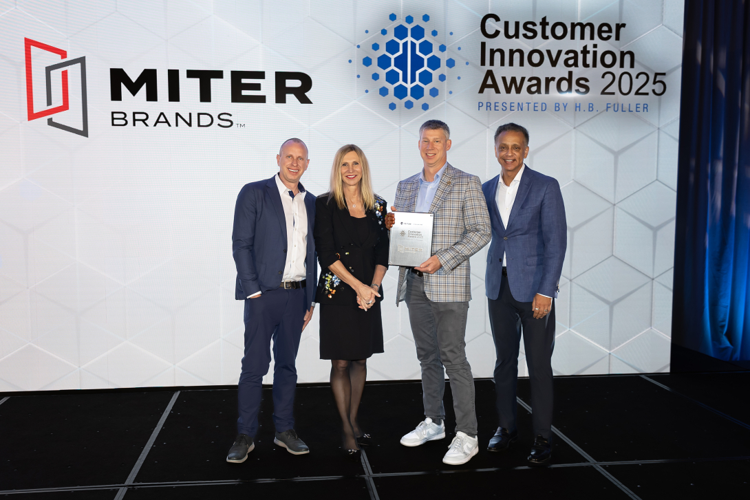 MITER Brands, a leading manufacturer of residential windows and patio doors, was named a winner in H.B. Fuller Company’s 2025 Customer Innovation Awards for its triple-insulating glass units. H.B. Fuller Co. is the largest pureplay adhesives company in the world. Shown left to right: Dean Ruark, VP of Engineering and Innovation, MITER Brands; Celeste Mastin, CEO, H.B. Fuller; Mike DeSoto, Chief Operating Officer, MITER Brands and Boz Malik, SVP of Building Adhesives Solutions, H.B. Fuller.