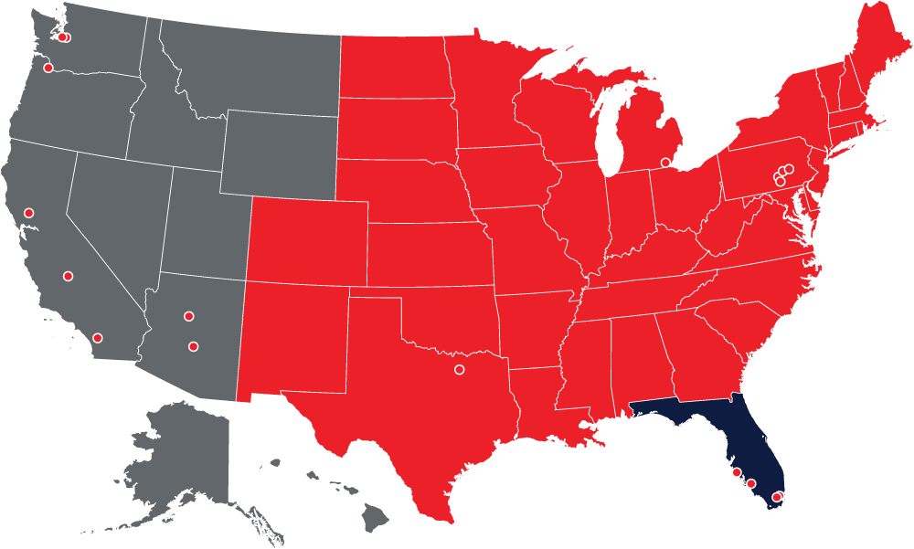 A map of the USA with red dots indicating locations of all of the MITER Brands sub-companies.