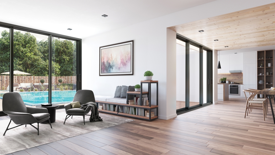 PGT’s WinGuard Vinyl Preferred View Sliding Glass Door features narrow panel profiles that enhance sightlines without compromising impact strength.